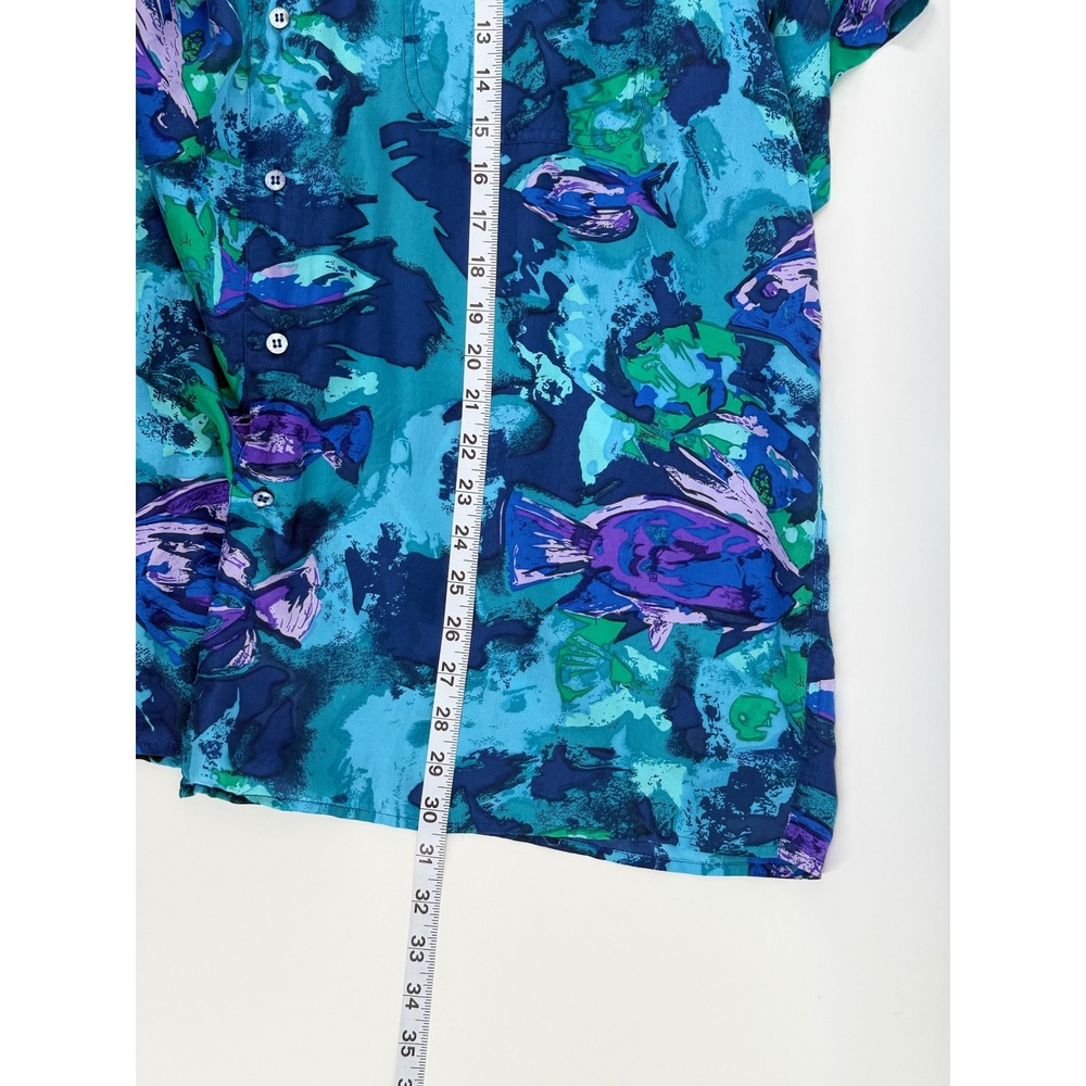 Hilo Hattie Mens XL Blue Purple Fish Print 100% Silk Short Sleeve Aloha Shirt - Picture 8 of 10